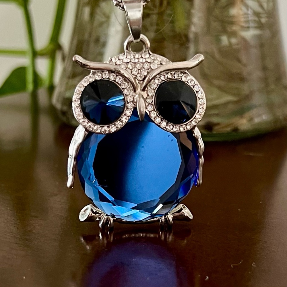 Blue Crystal Owl Pendant Necklace - Women's Jewelry